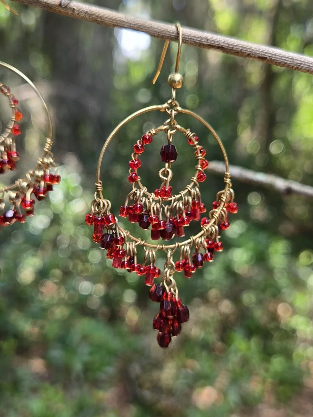 Vintage Gold Tone Hoop Chandelier Earrings with Red Beads
